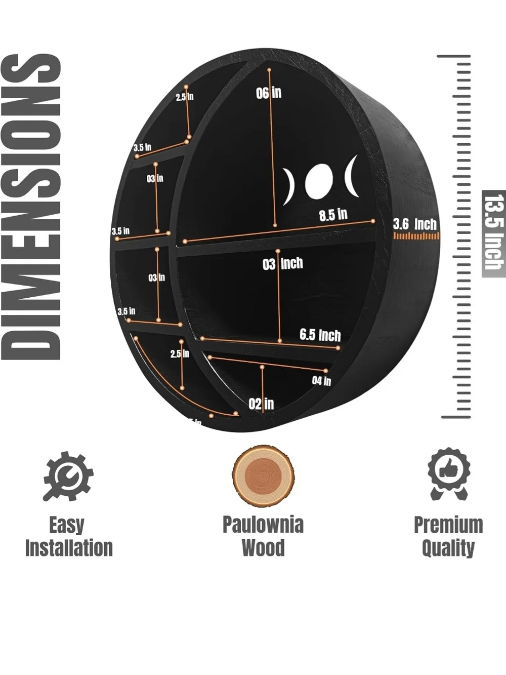 Round Black Wall Shelf Moon Phase Design